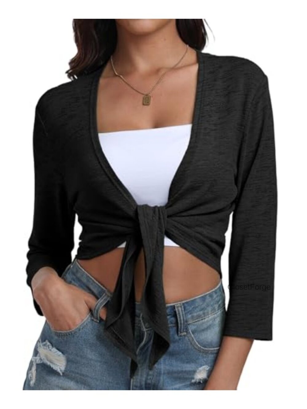 Cropped Tie Front Cardigan 3/4 Sleeve Bolero Shrug for Women